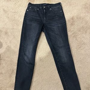 J. Crew 9” high rise toothpick jeans, black wash.